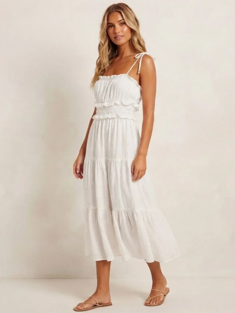 New! Lulu’s White Ruffle Textured Midi Dress Size Large 8690
